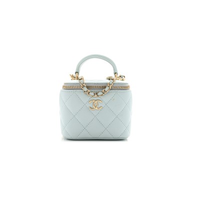 CHANEL LAMBSKIN QUILTED TOP HANDLE MINI VANITY CASE WITH CHAIN LIGHT BLUE 1671368 (10*9*7cm)
